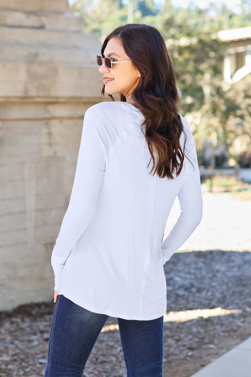 White long-sleeve round-neck t-shirt, side view
