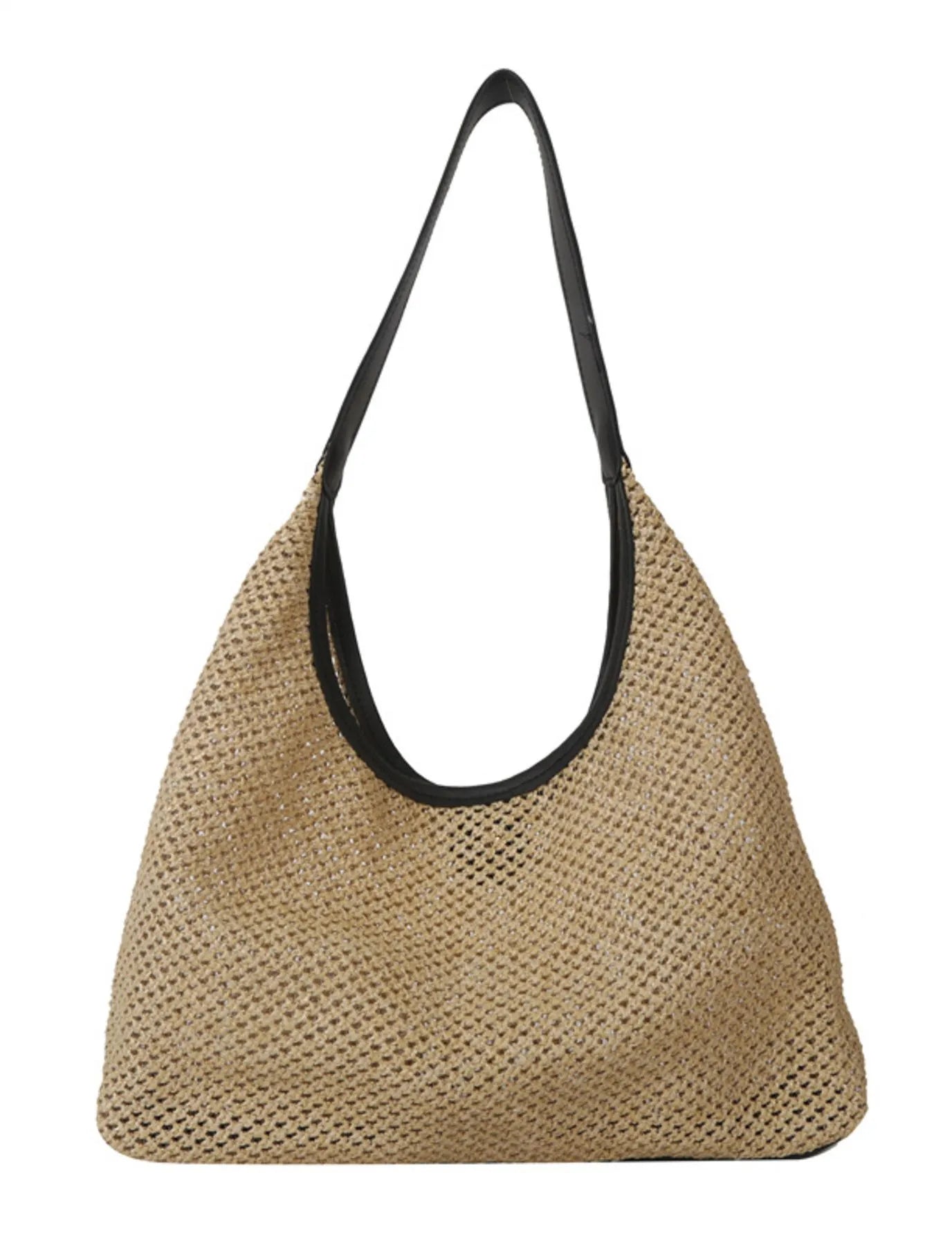 Woven straw bag in tan with black top handle, woven mesh texture