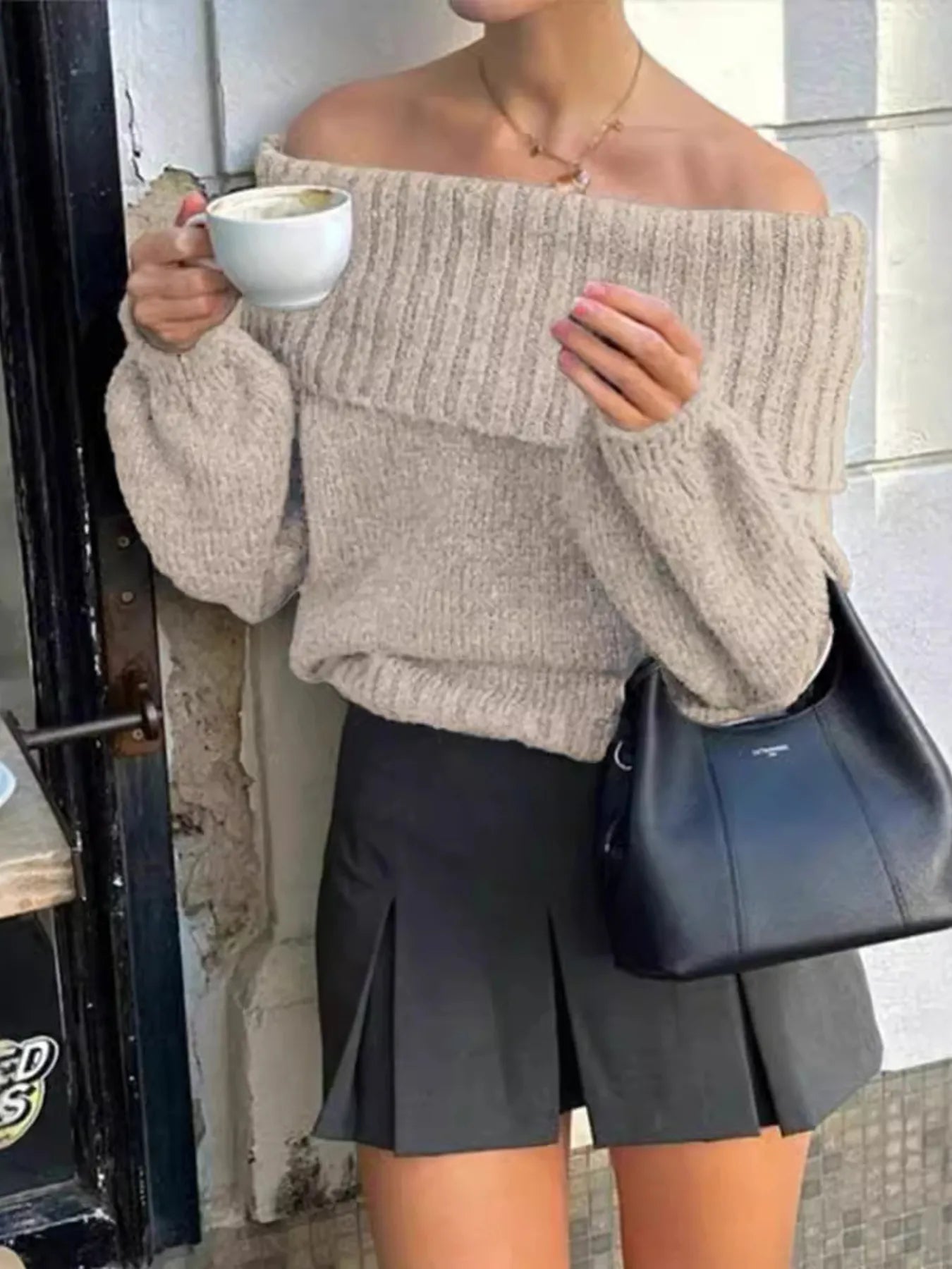 Off-shoulder ribbed long sleeve sweater in light beige with wide rib knit neckline