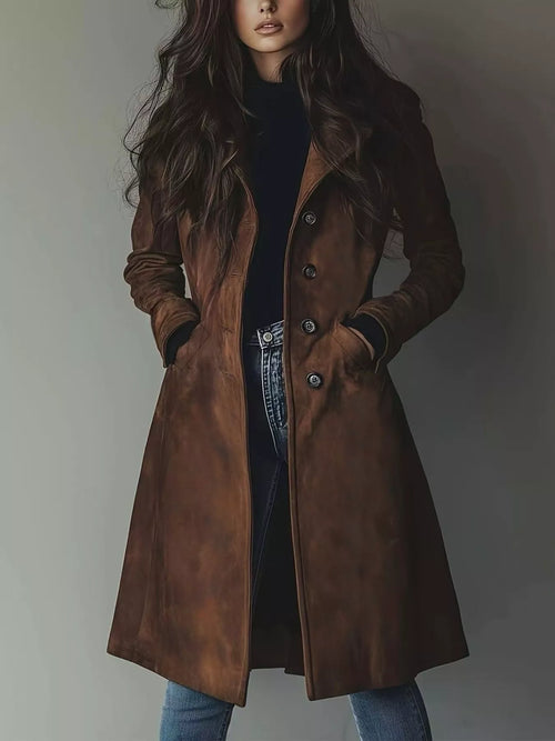 Brown long-sleeve trench coat with button front and lapels, patch pockets