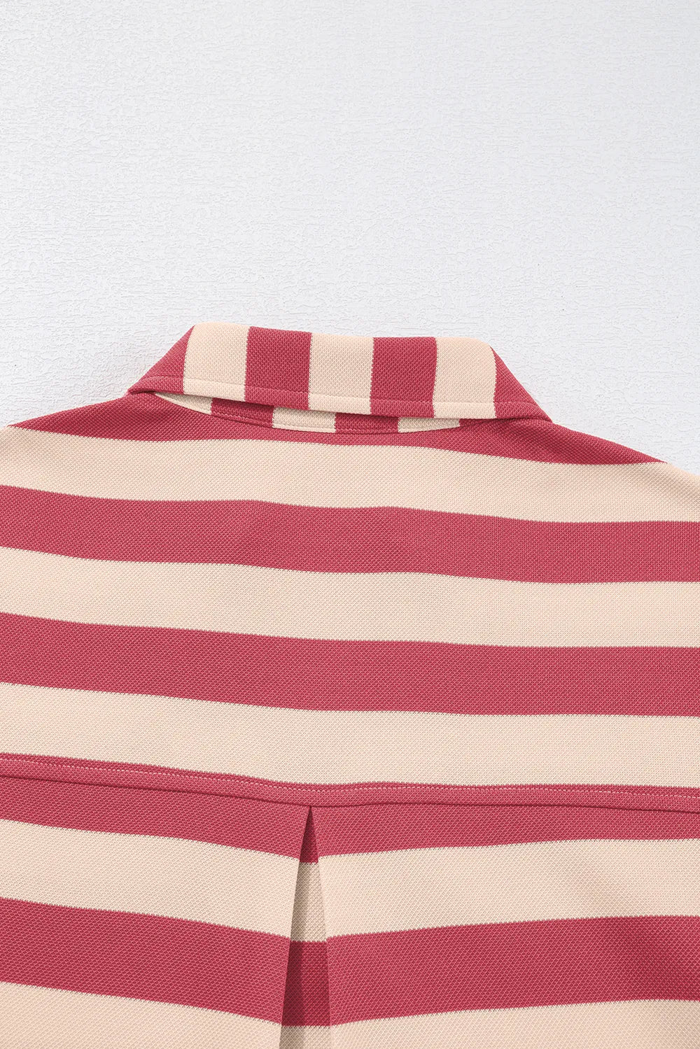 Dusty pink and cream striped mini dress neckline with stand collar and V yoke