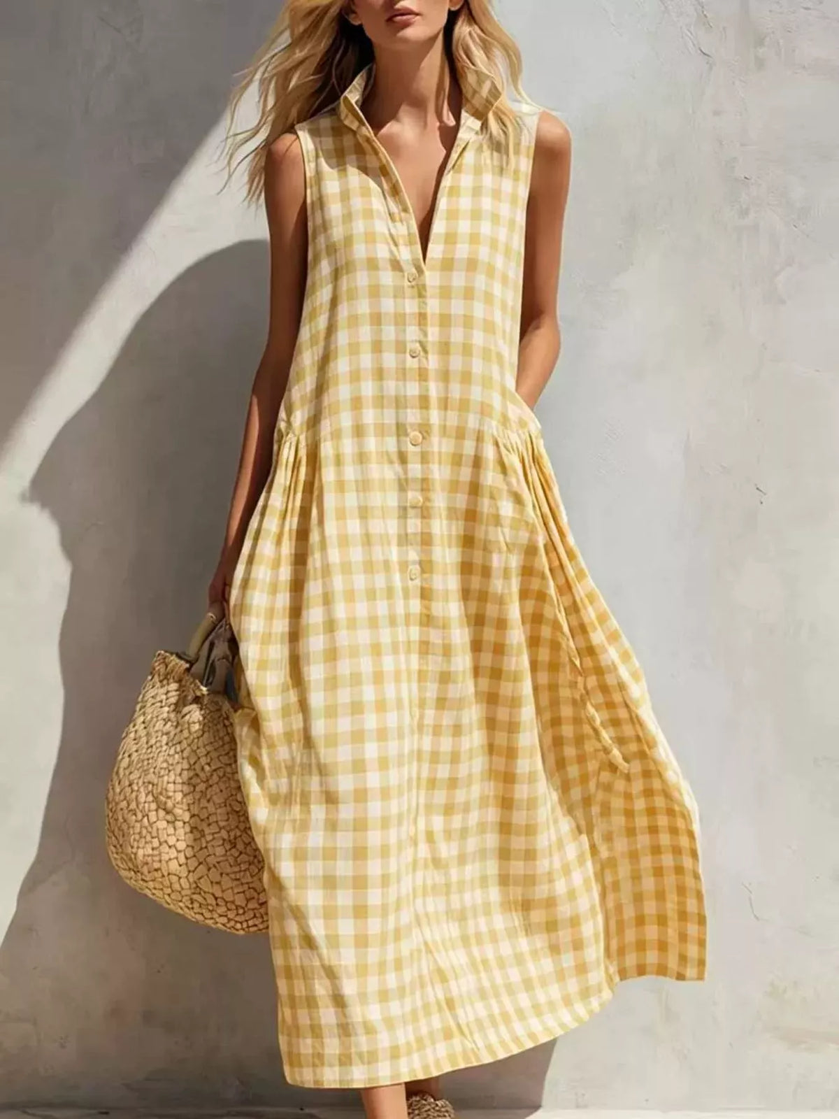 Yellow gingham sleeveless button-down midi dress with collar and front buttons