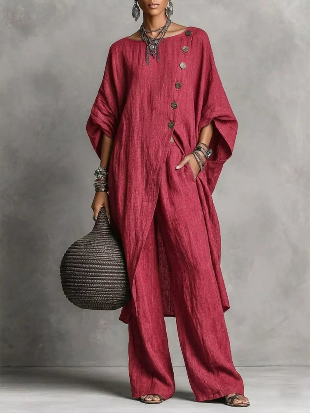 Wine red button-front tunic and wide-leg pants set with loose drape and buttons