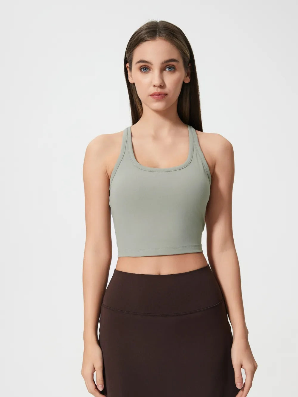 Sage green scoop-neck active tank with racerback straps