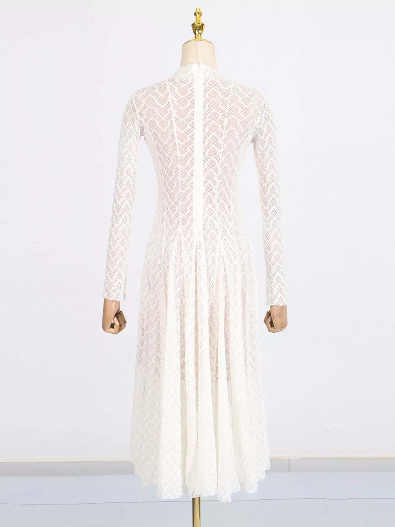 Cedar & Moore Lace Mock Neck Long Sleeve Maxi Dress in white, back view