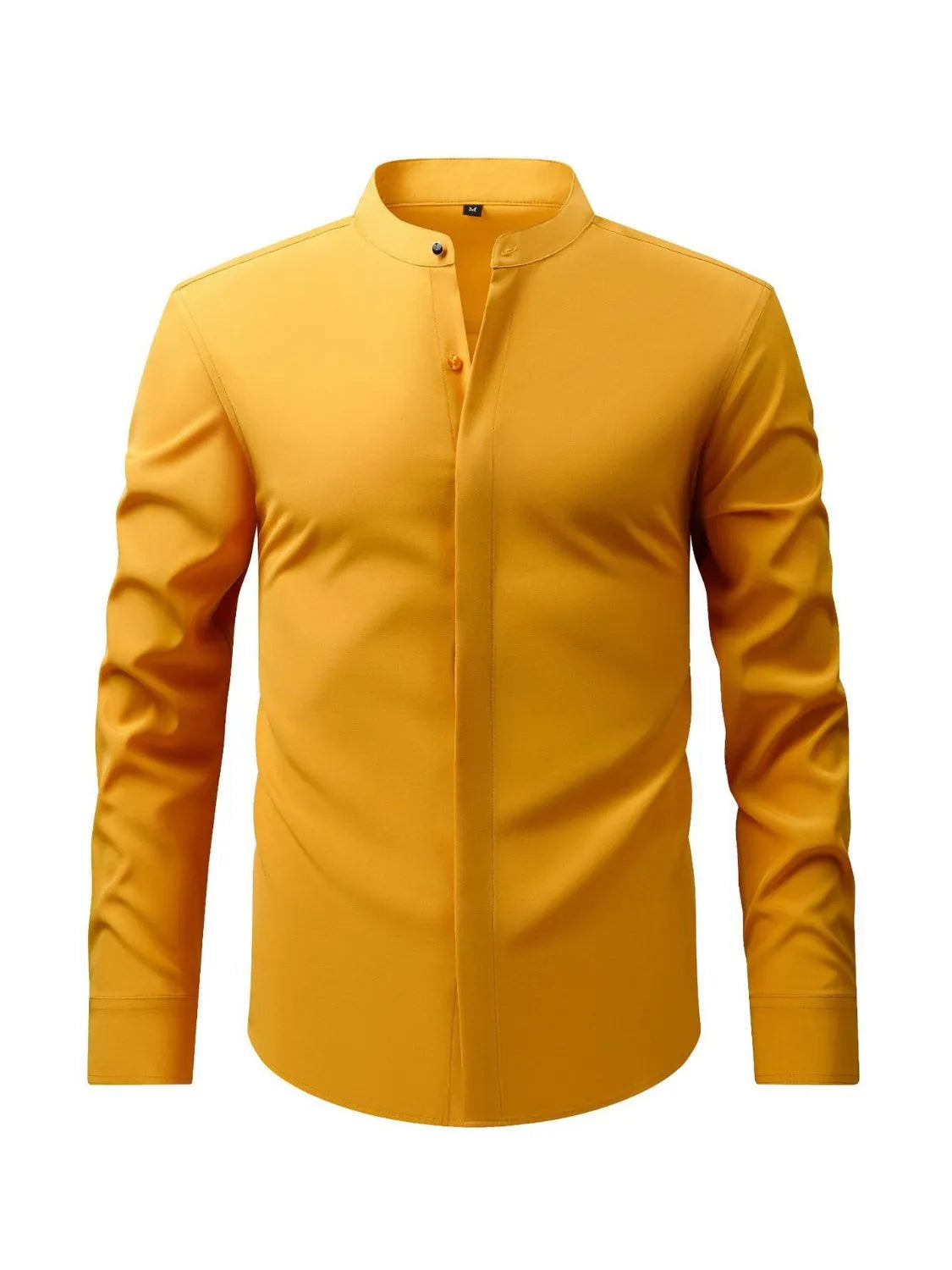 Men's stand-collar button-down shirt with long sleeves, golden