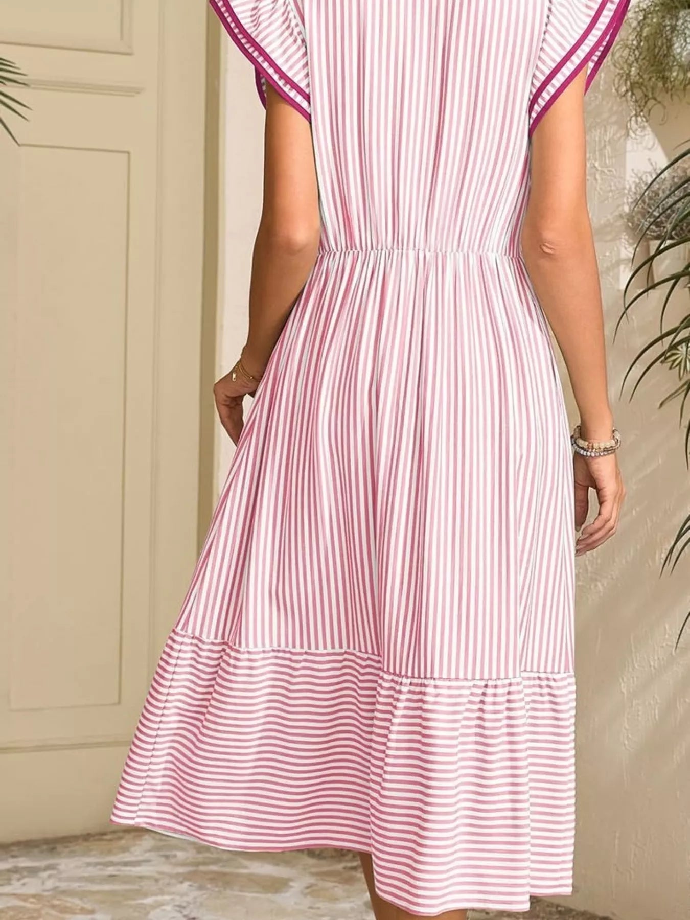 Striped Notched Ruffle Sleeve Dress in pink and white, midi length