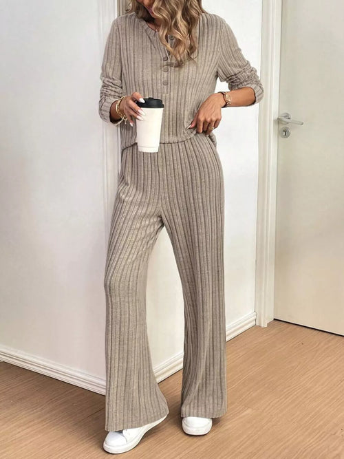 Gray ribbed knit long-sleeve button top and wide-leg pants set, front view.