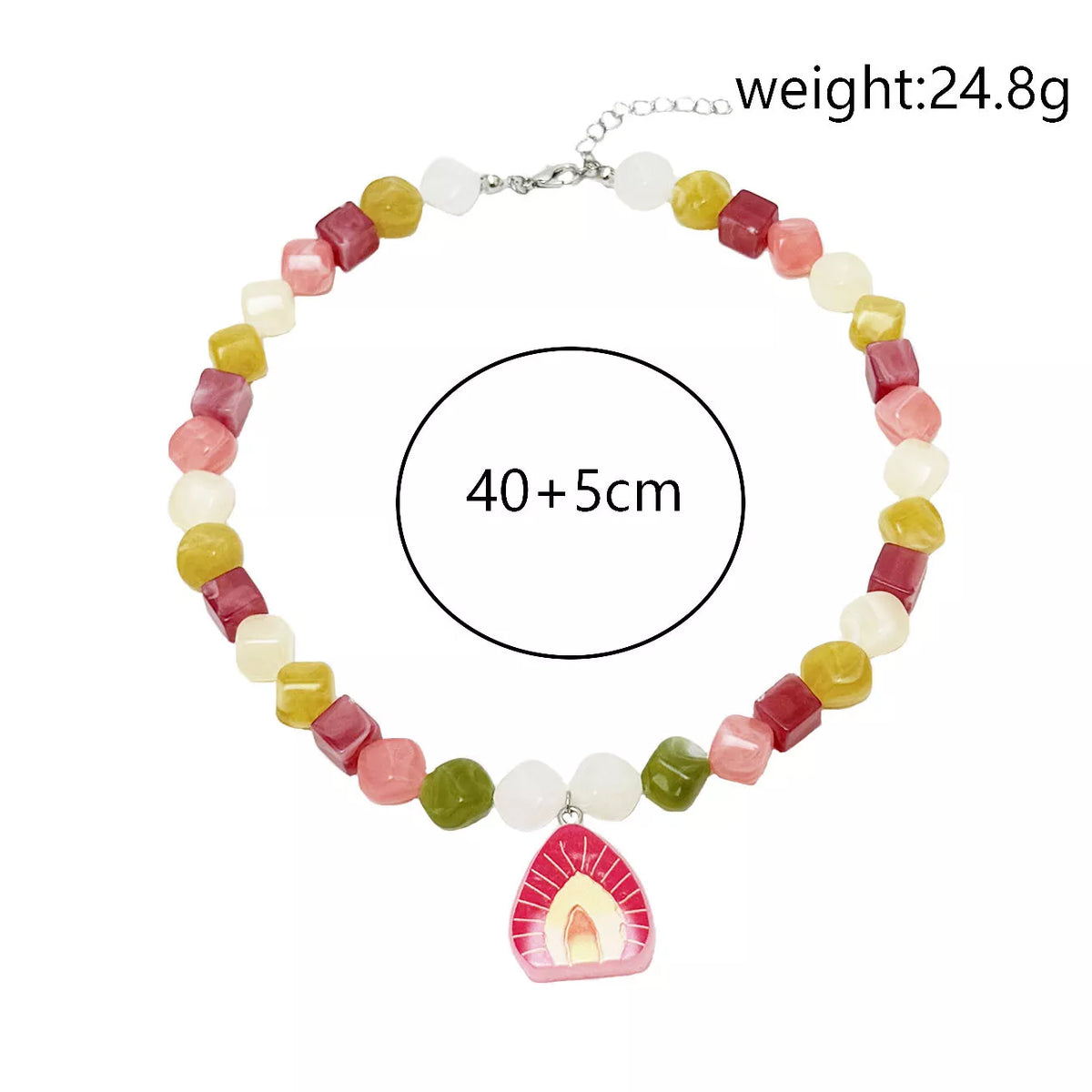 Beaded necklace, multicolor cube beads with a red resin arched pendant