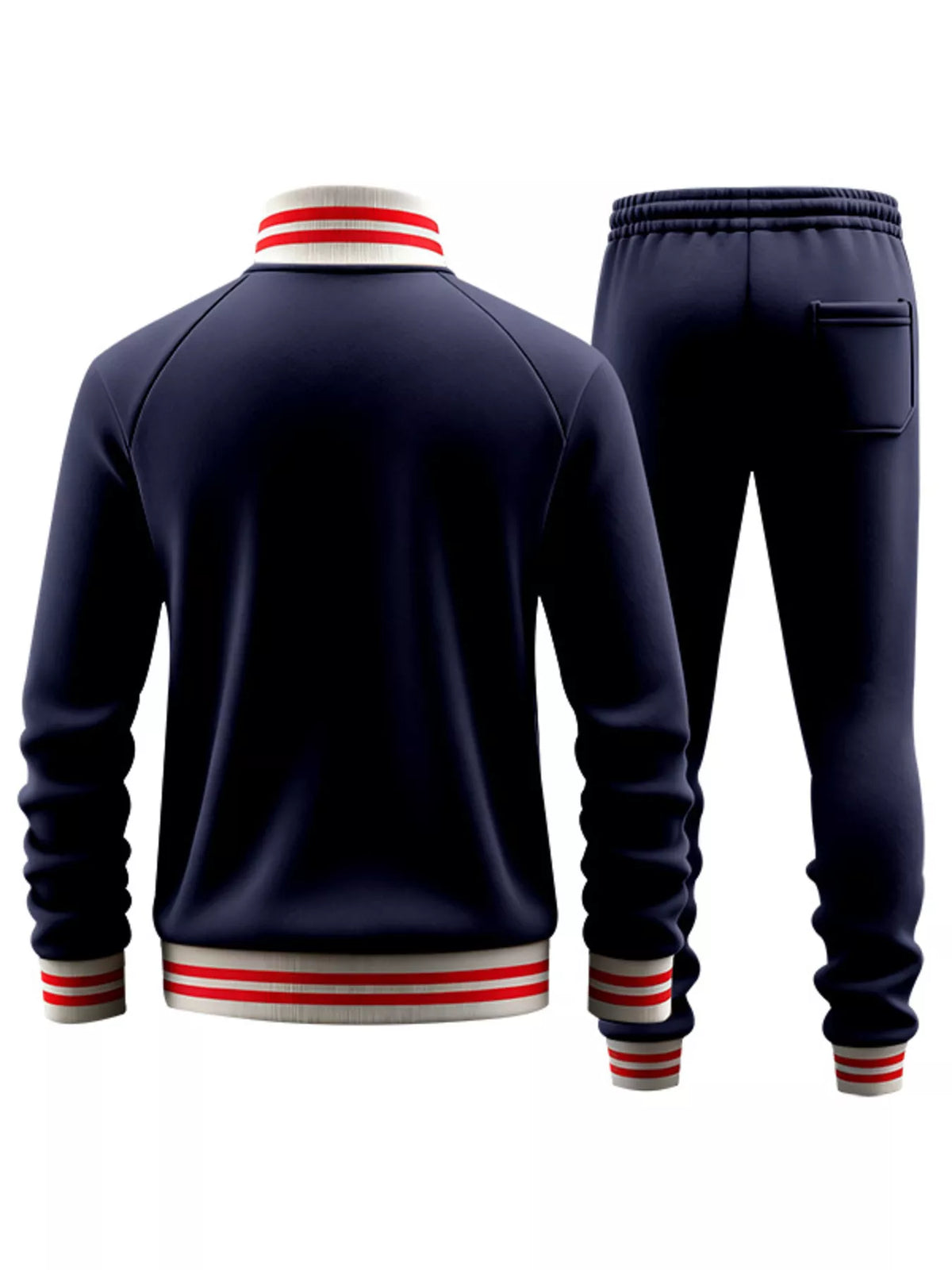 Navy zip track jacket and matching striped track pants, back view on white