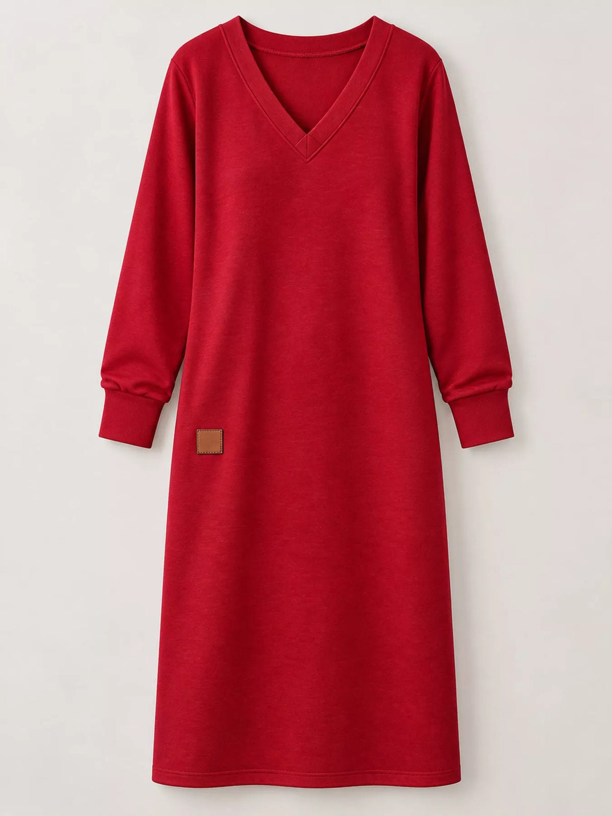 Red V-neck long-sleeve midi dress with square chest patch