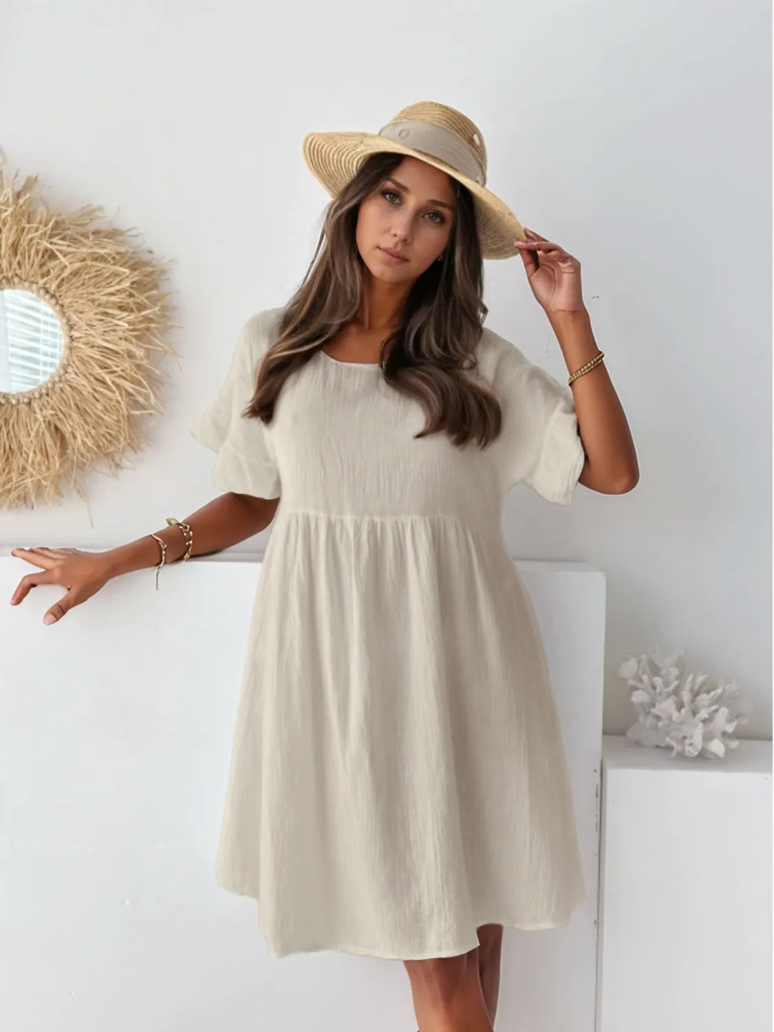 Round Neck Short Sleeve Mini Dress, cream-beige linen-look fabric with straw hat