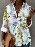 White floral button-down stretch blouse with long sleeves and front buttons