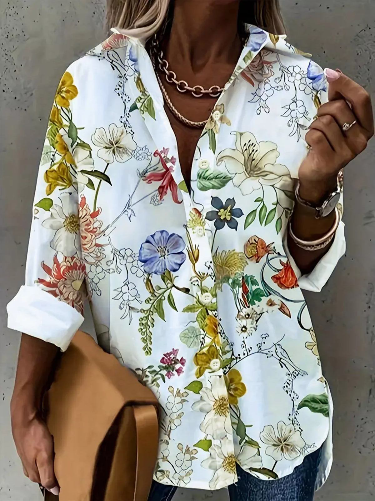 White floral button-down stretch blouse with long sleeves and front buttons