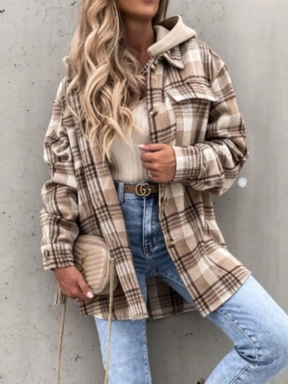 Camel plaid hooded button-up jacket with flap pockets, long sleeves