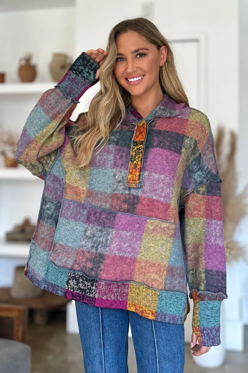Plaid fleece hoodie with dropped shoulders, hood and quarter-zip placket, purple multicolor plaid.