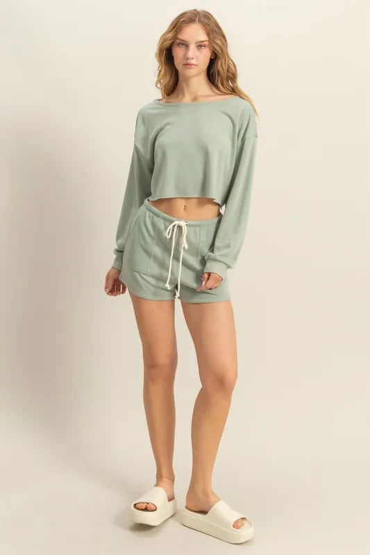 Sage green boat-neck long-sleeve cropped top with cropped hem