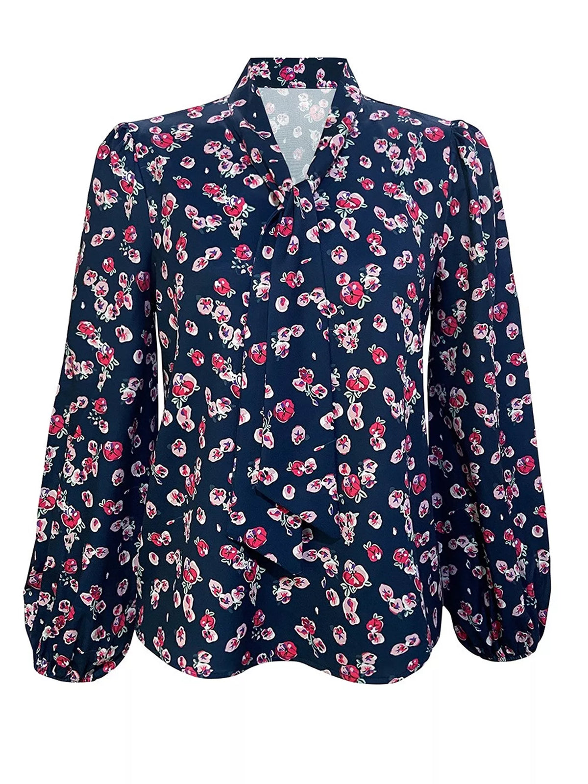Navy printed long-sleeve blouse with all-over floral pattern and bow tie neck