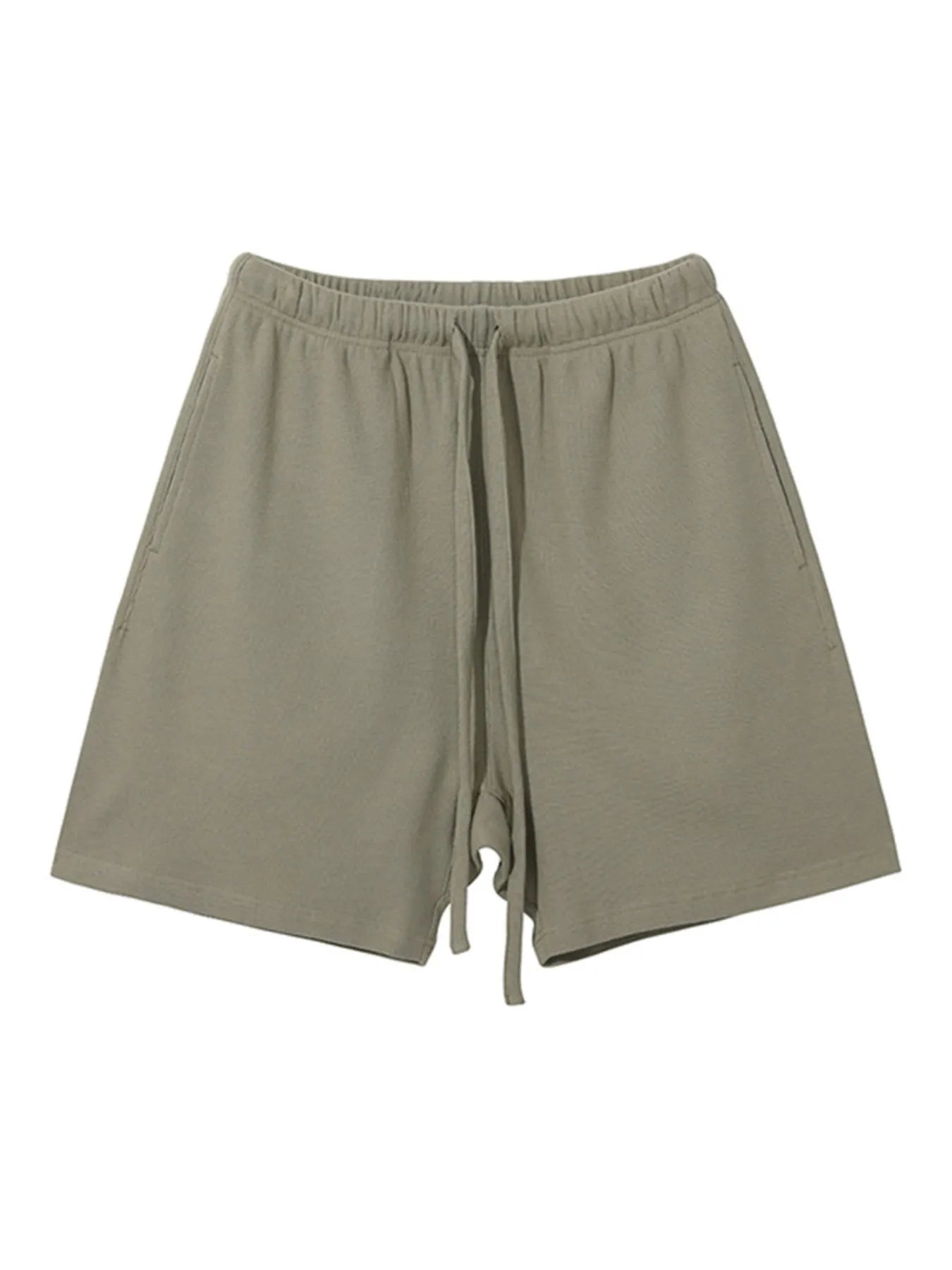 Men's sage waffle shorts with elastic waist and drawstring tie, side pockets