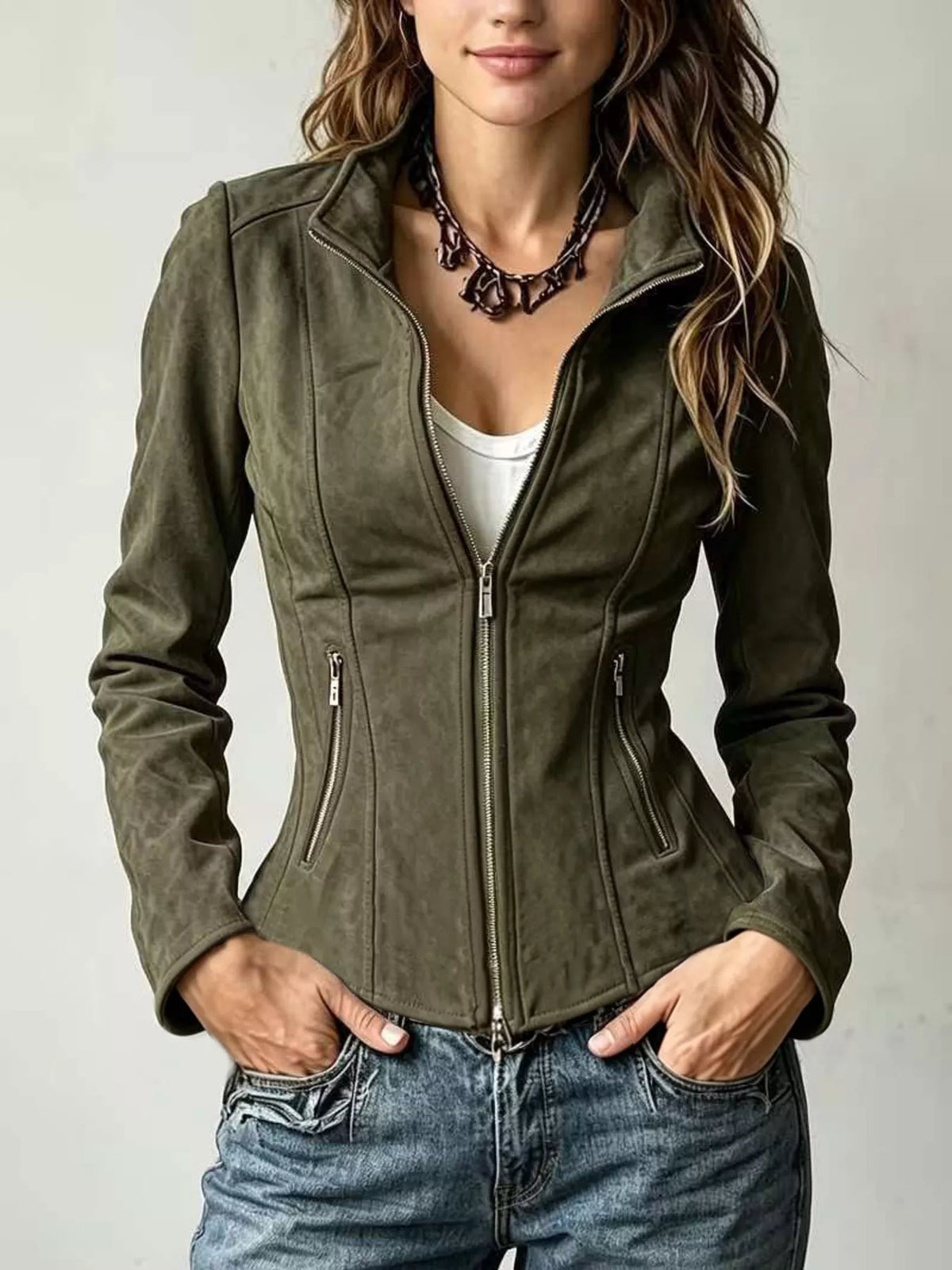 Army green slim-fit zip-up jacket with front zipper and side pockets