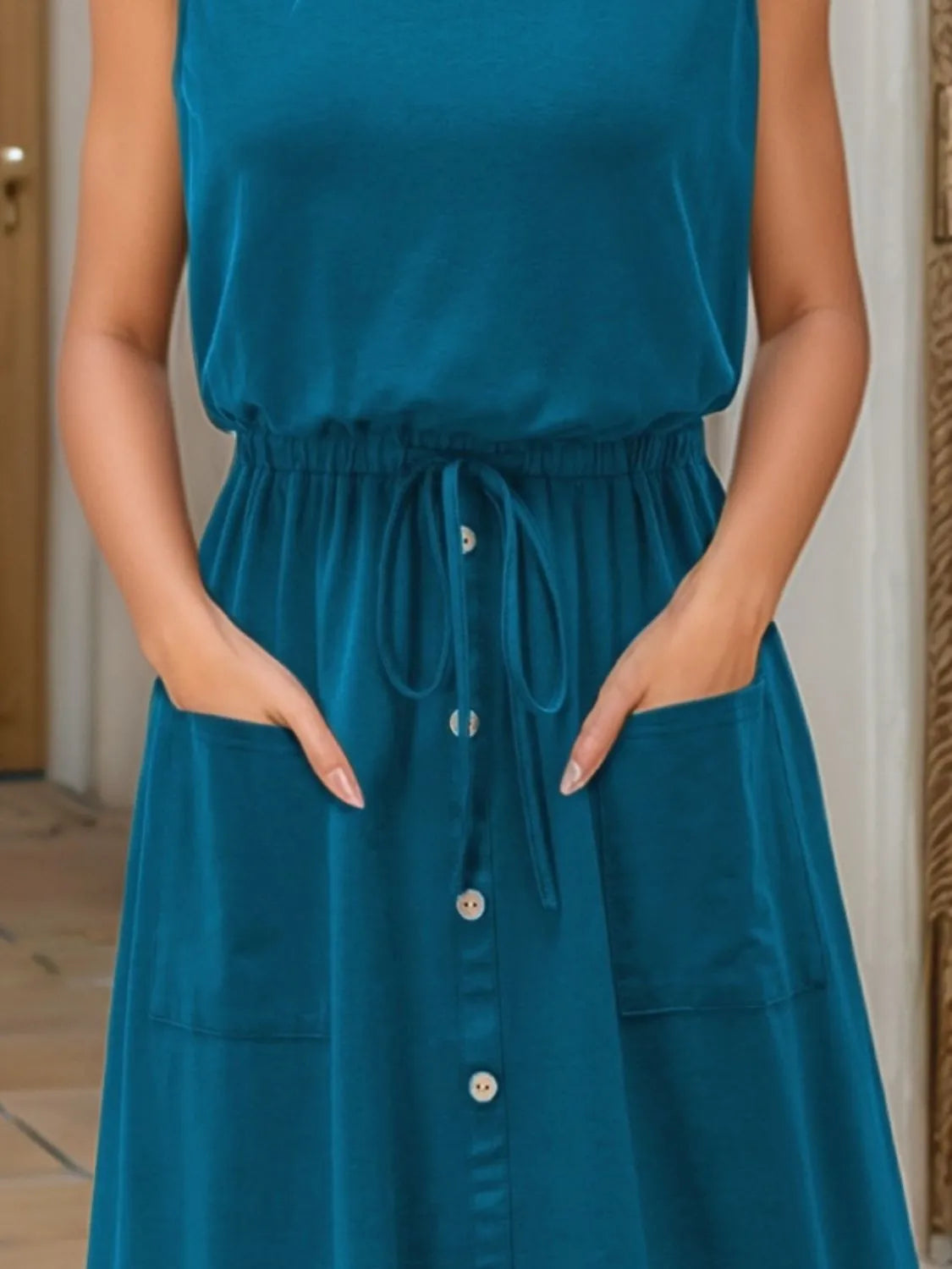 Trendsi plus-size teal sleeveless round-neck tank dress with drawstring waist, front buttons, pockets