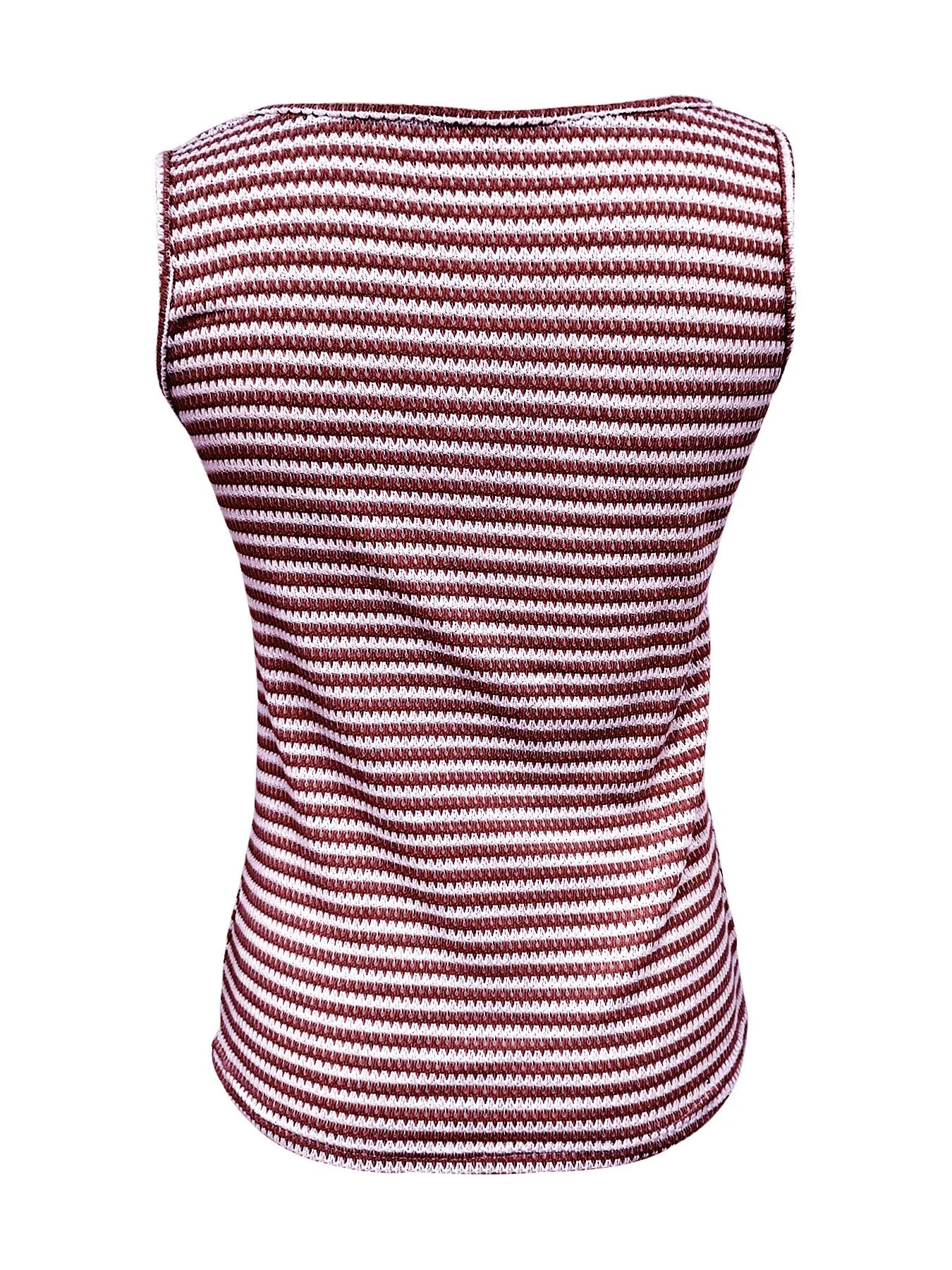 Burgundy and white striped knit tank top back view with ribbed texture