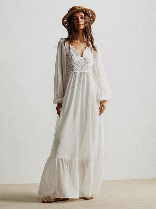 White boho crochet lace maxi dress with square neckline and tiered skirt