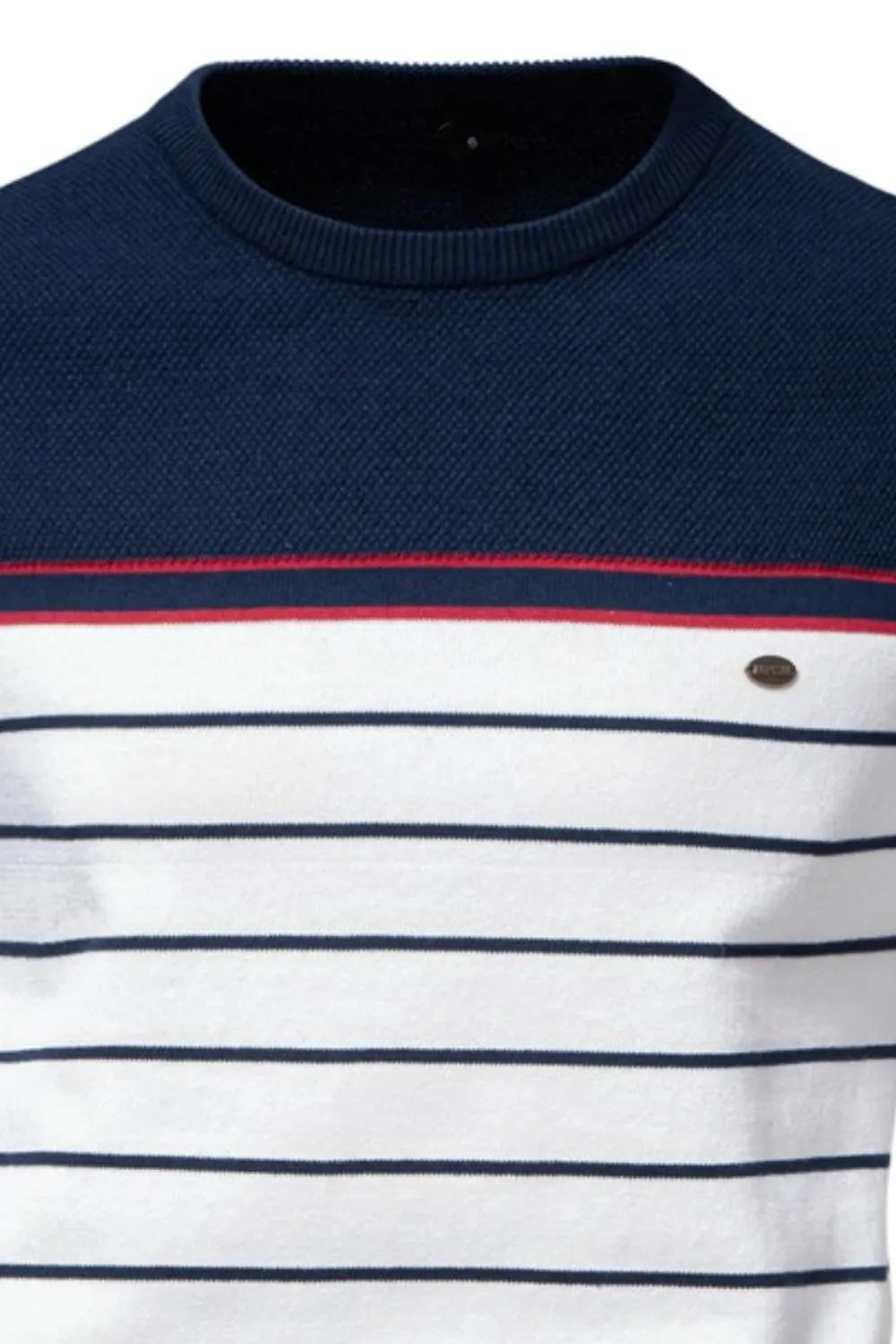 Men's navy striped sweater close-up: round neck, red stripe trim, small chest button