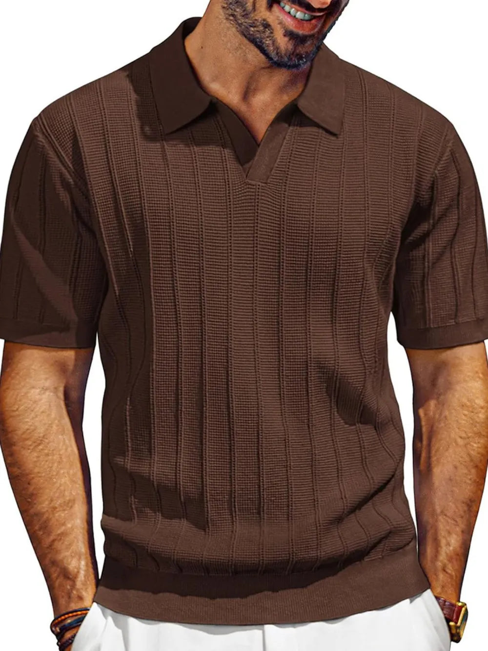 Men's textured polo shirt with collared neck, short sleeves, coffee brown