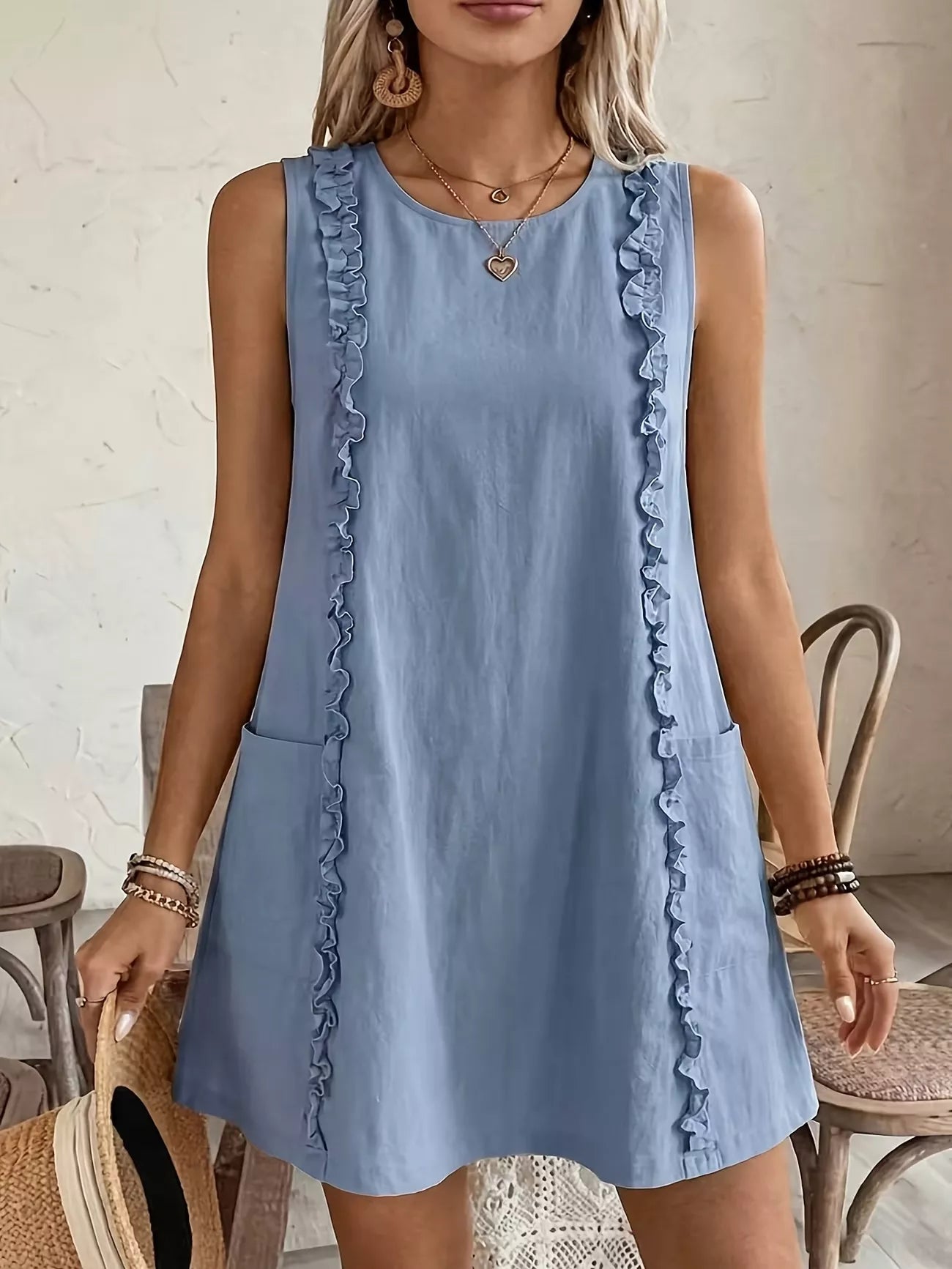 Cedar & Moore Frill Sleeveless Round Neck Dress by Trendsi in blue with pockets
