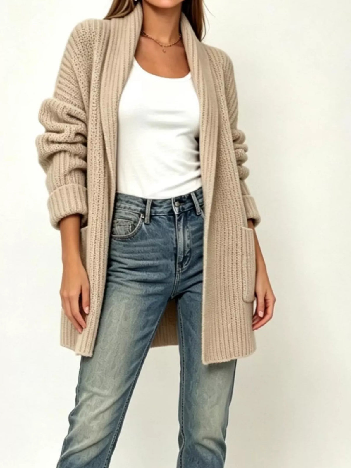 Ribbed open-front knit cardigan with side pockets, long sleeves, taupe