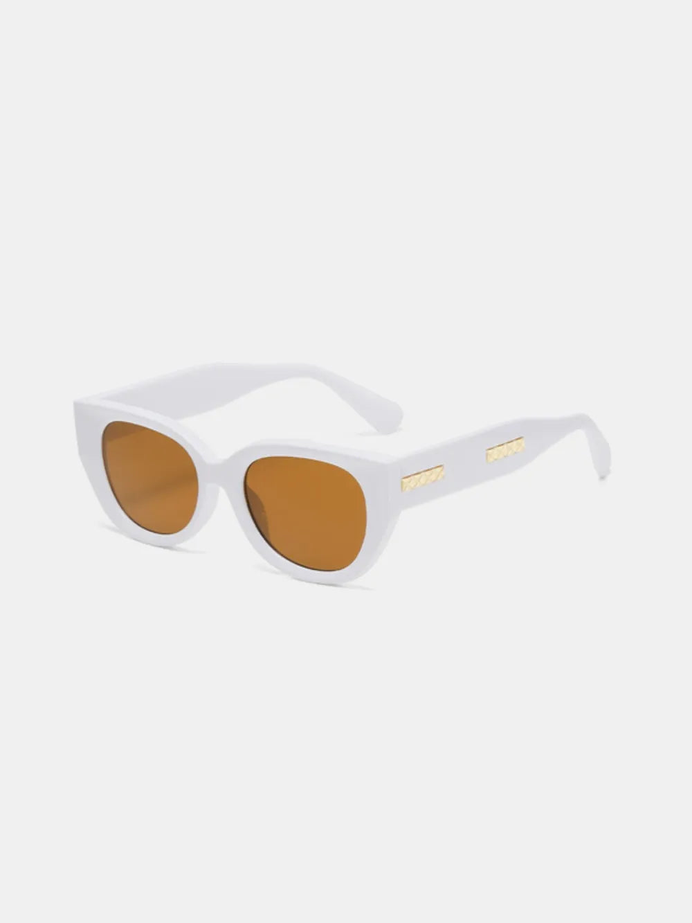 White cat-eye polycarbonate sunglasses with amber-tinted lenses and slim temples
