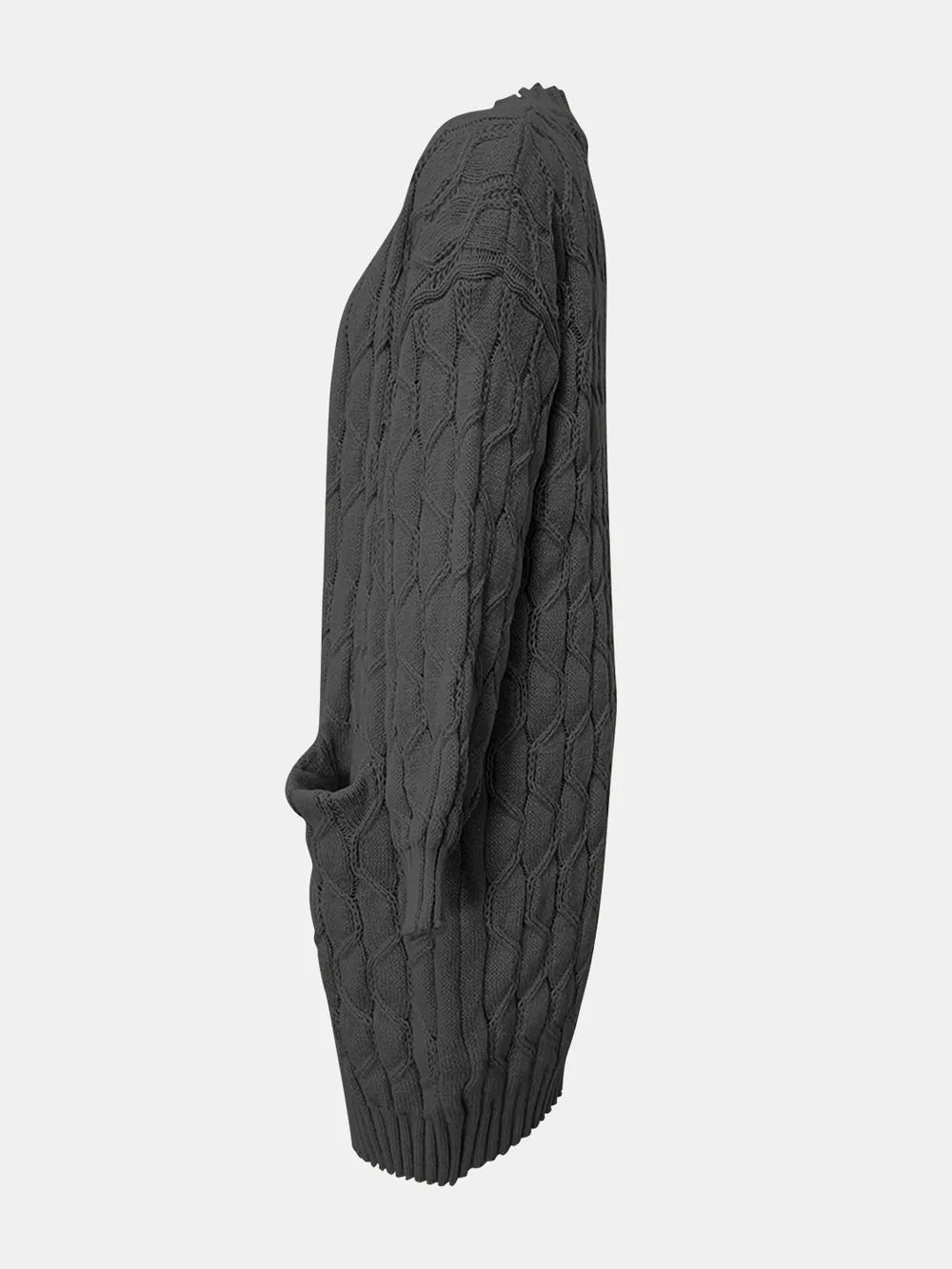 Open-front long sleeve cardigan, textured dark gray cable-knit side view