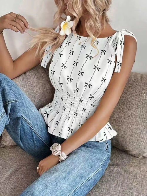 White bow print tie-shoulder tank with ruffled peplum hem and smocked waist