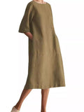 Loose-fit khaki linen-blend midi dress with short sleeves and side pockets, front view