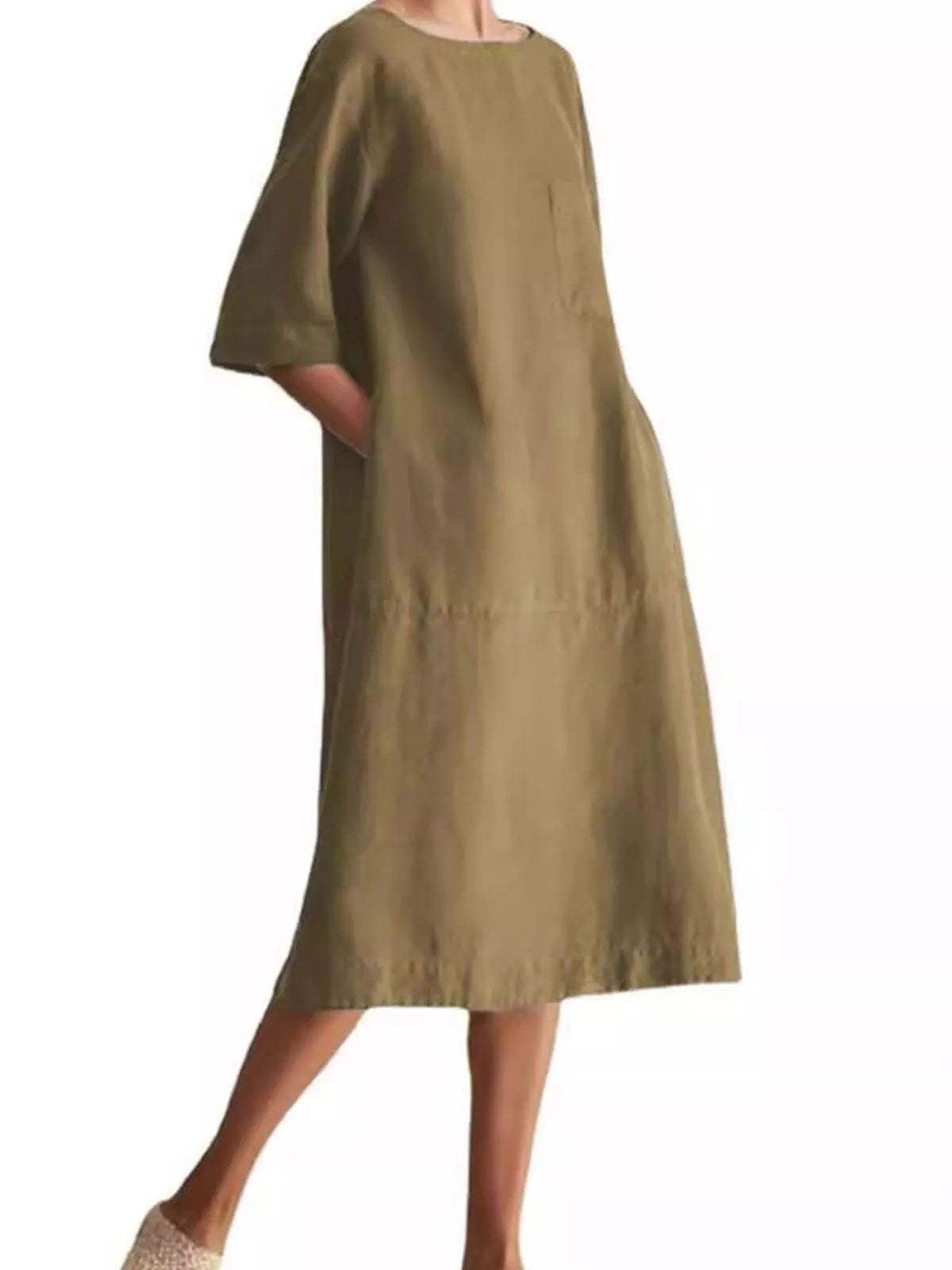 Loose-fit khaki linen-blend midi dress with short sleeves and side pockets, front view