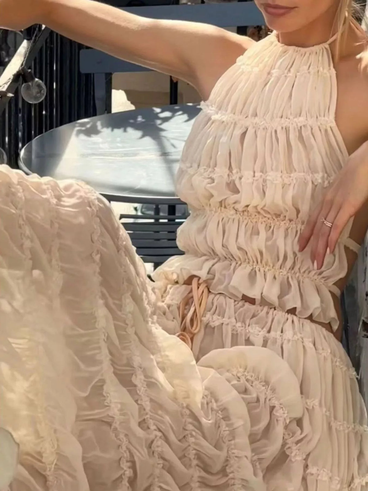 Milky white tiered ruffle halter crop top and maxi skirt set, gathered neckline