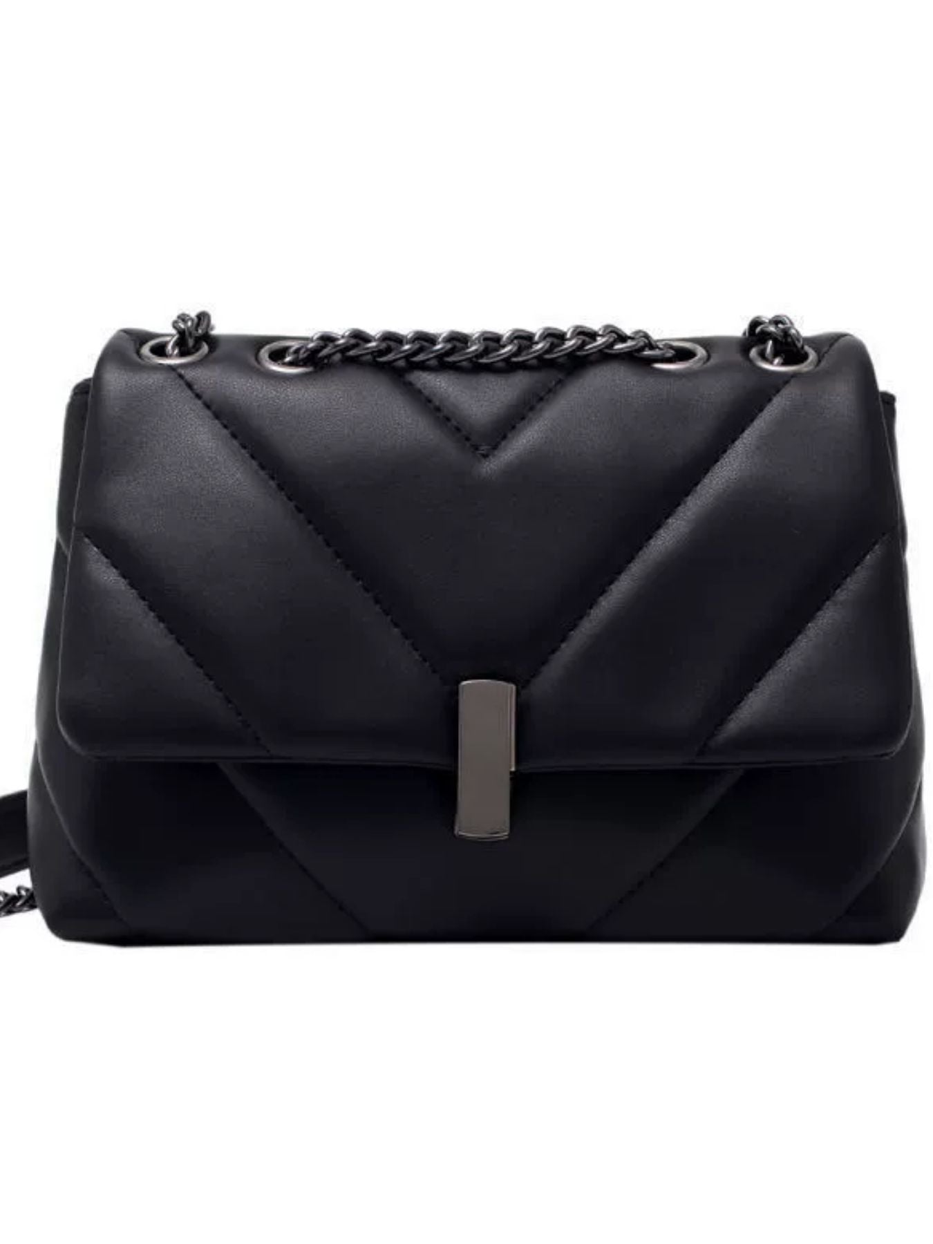 Trendsi Quilted Chain Shoulder Bag in black PU, medium with silver-tone chain strap and bar clasp