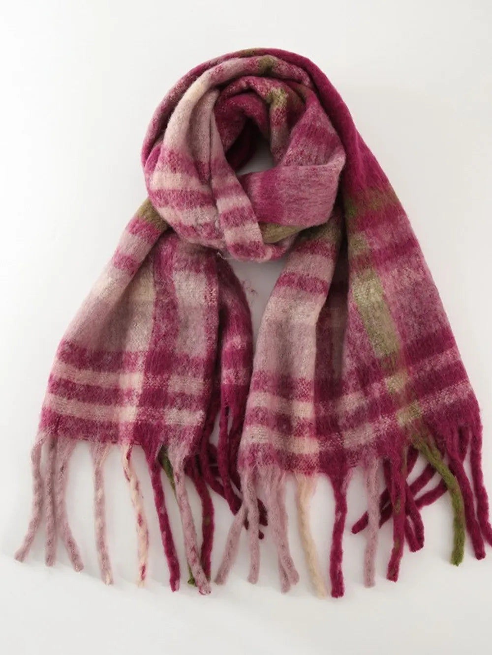 Plaid polyester scarf in pink with green and cream stripes and fringed ends.