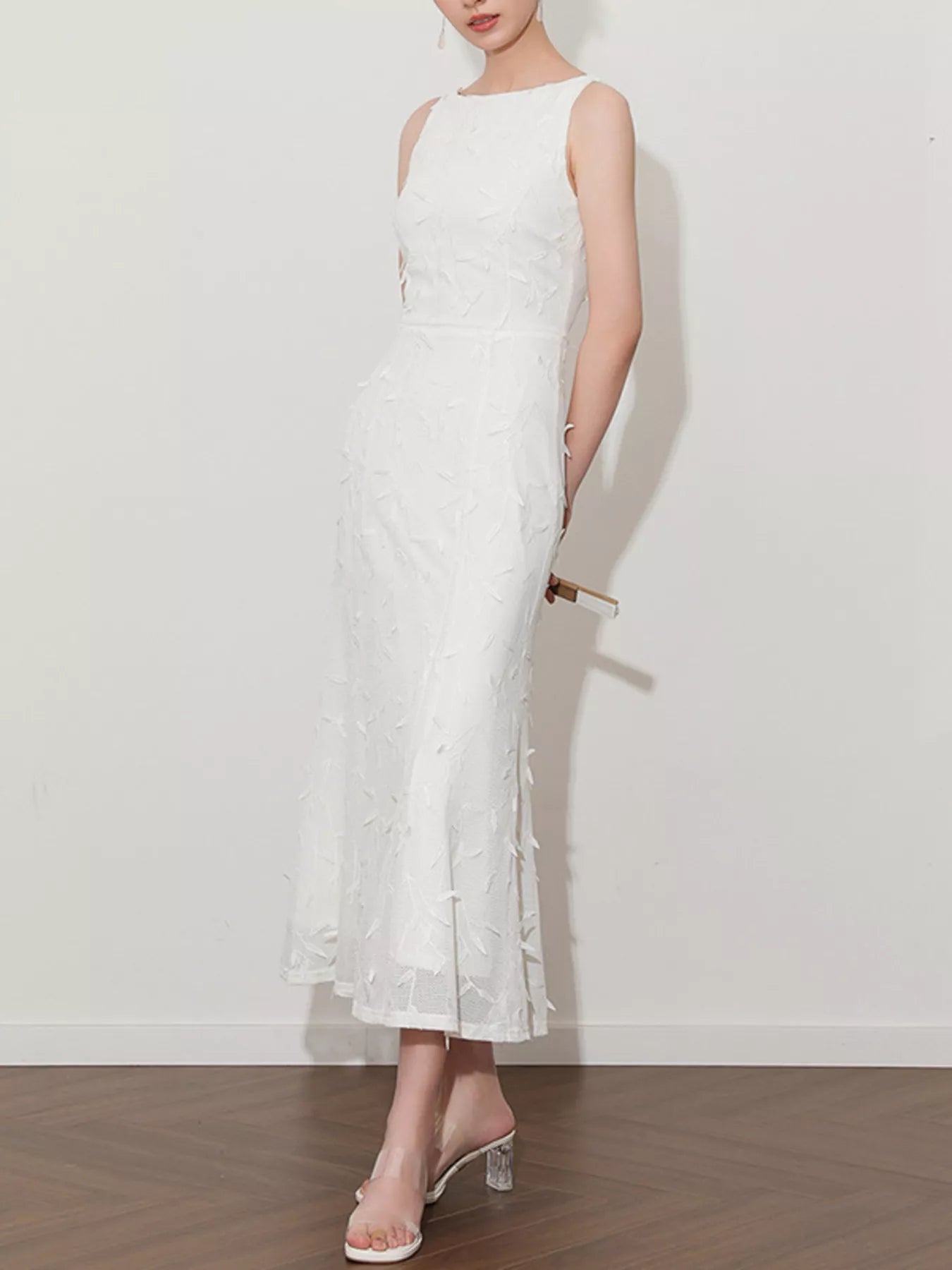 Cedar & Moore Sleeveless white floral-appliqué midi dress with textured petal detailing