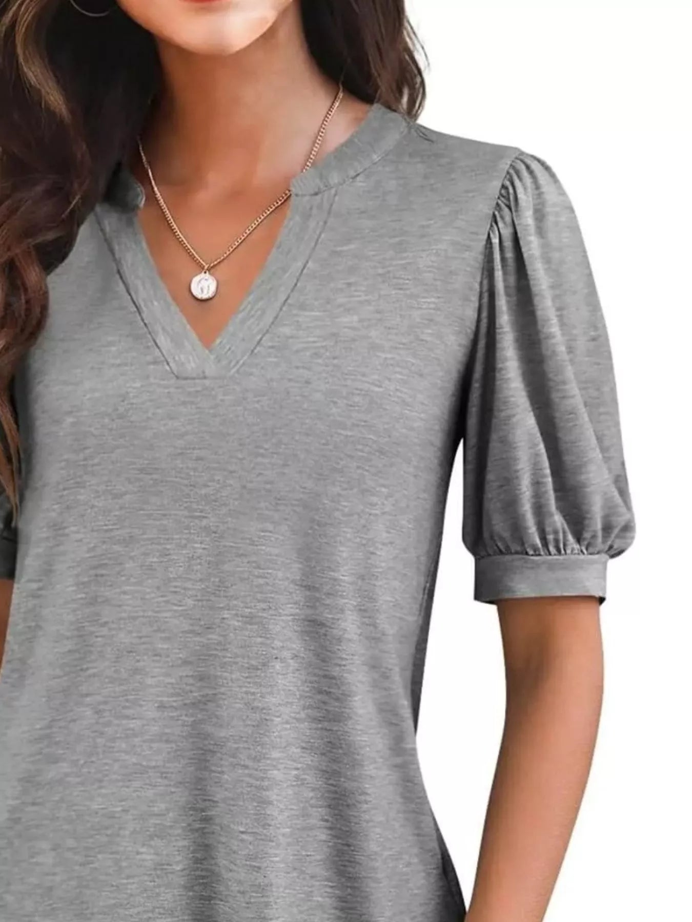 Cedar & Moore Puff Sleeve Notched Casual T‑Shirt in heather gray with V-neck and puff sleeves.