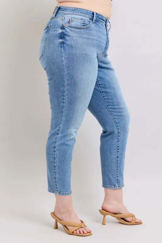 Plus size mid-rise slim jeans, light blue vintage wash, ankle-length, five-pocket