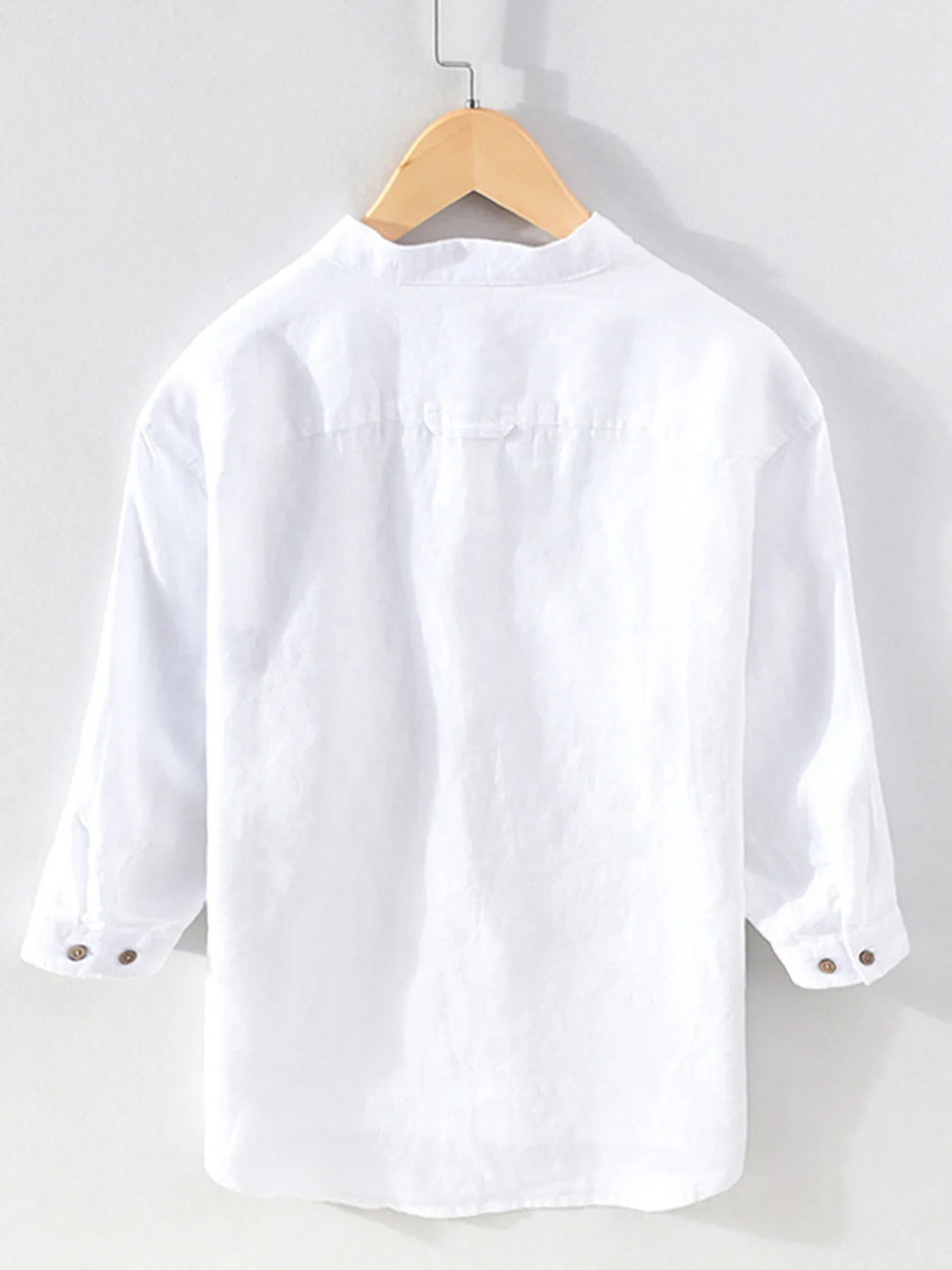 White button-up shirt, back view, 3/4 sleeves, stand collar, button placket