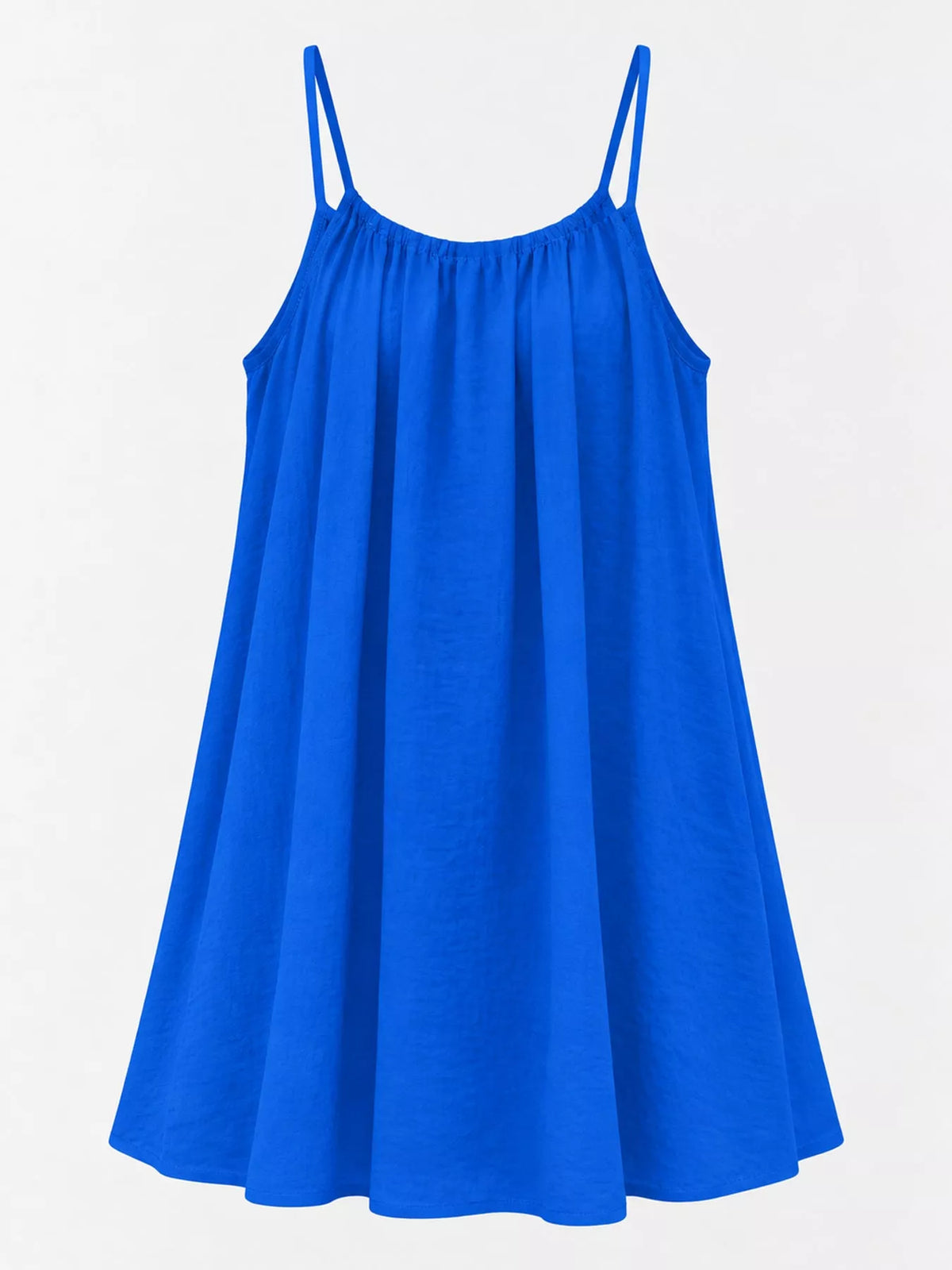 Royal blue spaghetti strap ruched mini dress with flared A-line skirt