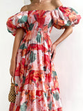 Floral smocked tiered dress with off-shoulder neckline and puff sleeves, red and teal
