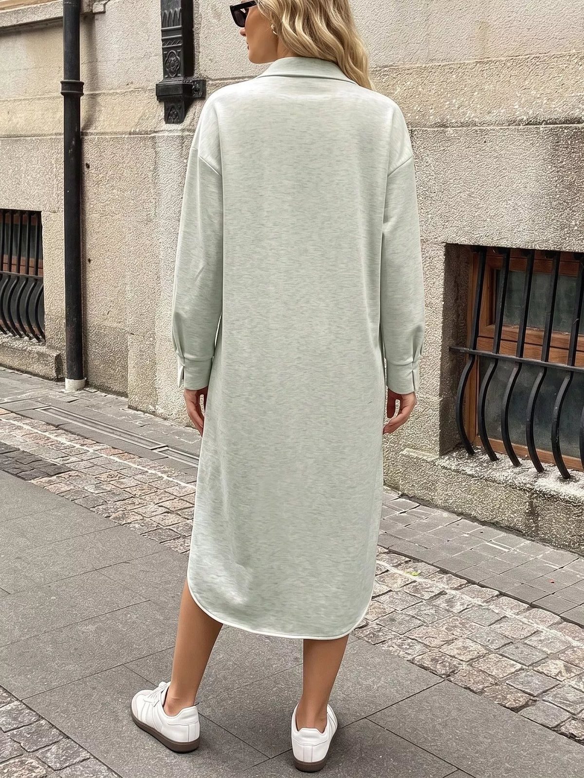 Back view of light gray long-sleeve polo midi dress with soft stretch fabric