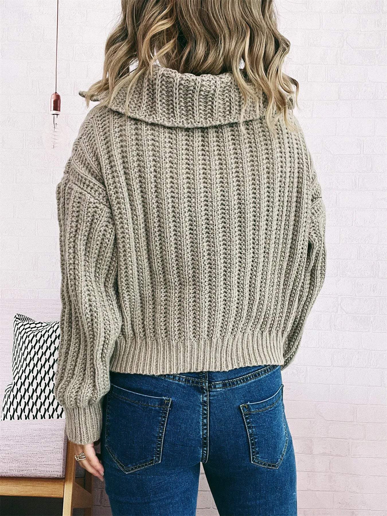 Khaki button-up long-sleeve cardigan with ribbed knit, back view