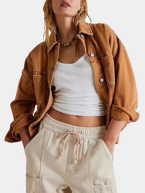 Caramel button-up denim jacket with pointed collar and button front