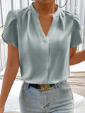 Notched Neckline Petal Sleeve Blouse by Trendsi in pale blue satin-like fabric.