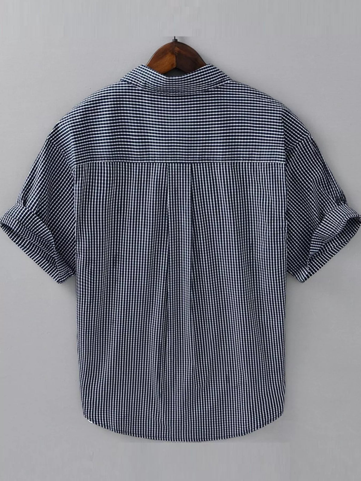 Navy and white plaid short-sleeve cotton button-up shirt, back view